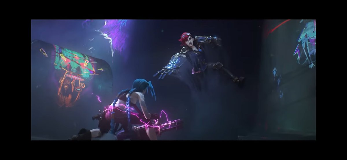 midsommaryna's tweet photo. @krissibarks BUUUUT now they match with Jinx as polar opposites: 

Vi's hair pinkish red/ Jinx's blue

Vi uniform and hextech glow is blue/ Jinx's shimmertech is pink https://t.co/s4jdwJ64j4