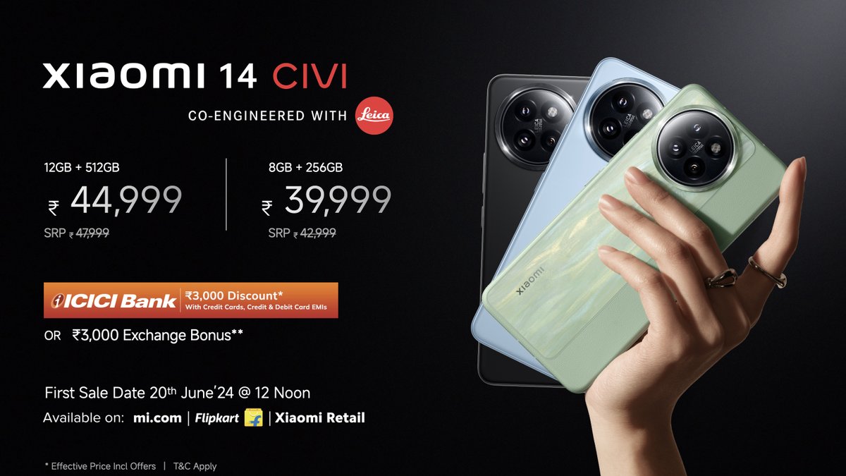 XiaomiIndia's tweet photo. Discover the #Xiaomi14CIVI, where innovation meets elegance with Leica Professional Cameras for brilliant photography, Dual 32MP + 32MP Selfie cameras for sharp groupfies, Snapdragon® 8 Series for lightning-fast speed, a unique floating quad curve display, and a vivid 1.5K 120Hz AMOLED display for breathtaking visuals.  

Available in Matcha Green, Cruise Blue, and Shadow Black, starting at ₹39,999.  

Pre Book starts today, 2 PM: https://t.co/Nwmk4JZ3JG

#Xiaomi14CIVI #CinematicVision