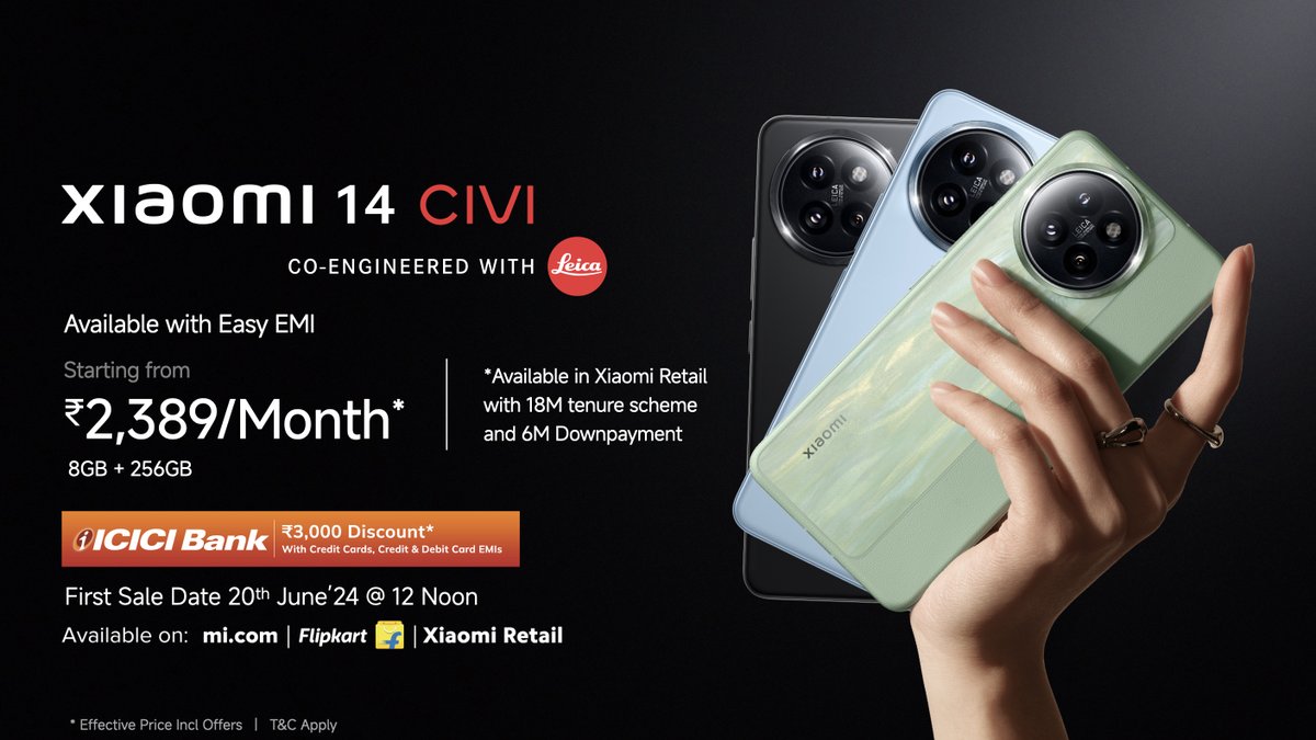 XiaomiIndia's tweet photo. Discover the #Xiaomi14CIVI, where innovation meets elegance with Leica Professional Cameras for brilliant photography, Dual 32MP + 32MP Selfie cameras for sharp groupfies, Snapdragon® 8 Series for lightning-fast speed, a unique floating quad curve display, and a vivid 1.5K 120Hz AMOLED display for breathtaking visuals.  

Available in Matcha Green, Cruise Blue, and Shadow Black, starting at ₹39,999.  

Pre Book starts today, 2 PM: https://t.co/Nwmk4JZ3JG

#Xiaomi14CIVI #CinematicVision