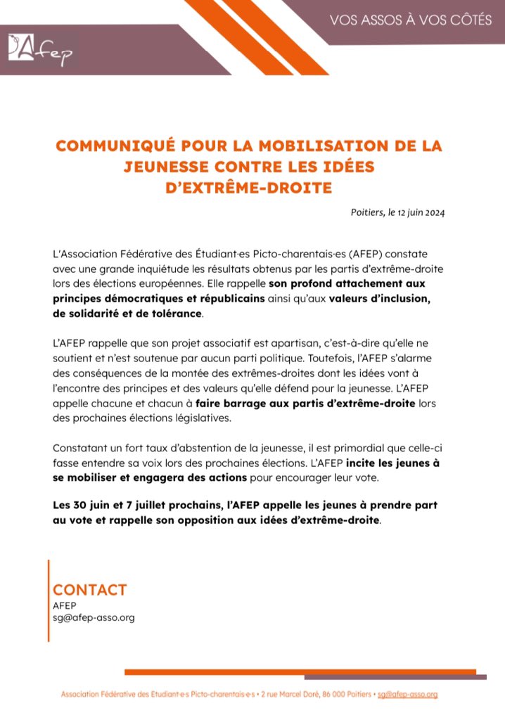 L'AFEP, inquiète de la montée des partis d’extrême-droite à la suite des résultats des élections européennes, appelle à la mobilisation et au vote des jeunes lors des prochaines élections législatives.