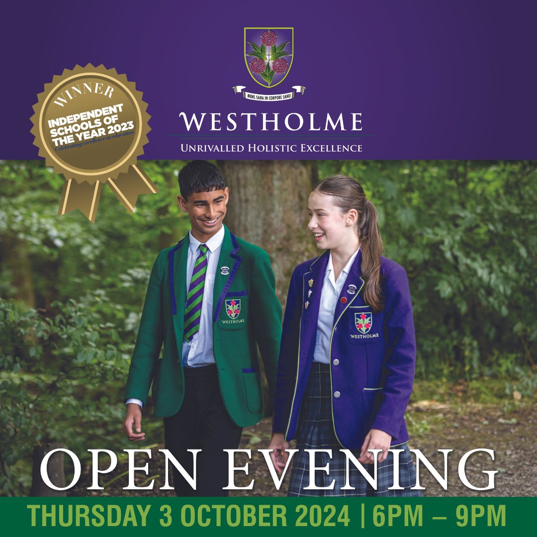 Registration for our annual Open Evening is now open!

💜Hear first-hand about our distinctive educational approach from our current pupils, parents and staff and find out what makes Westholme so different.

Register here forms.office.com/e/uJ8prgL2q4