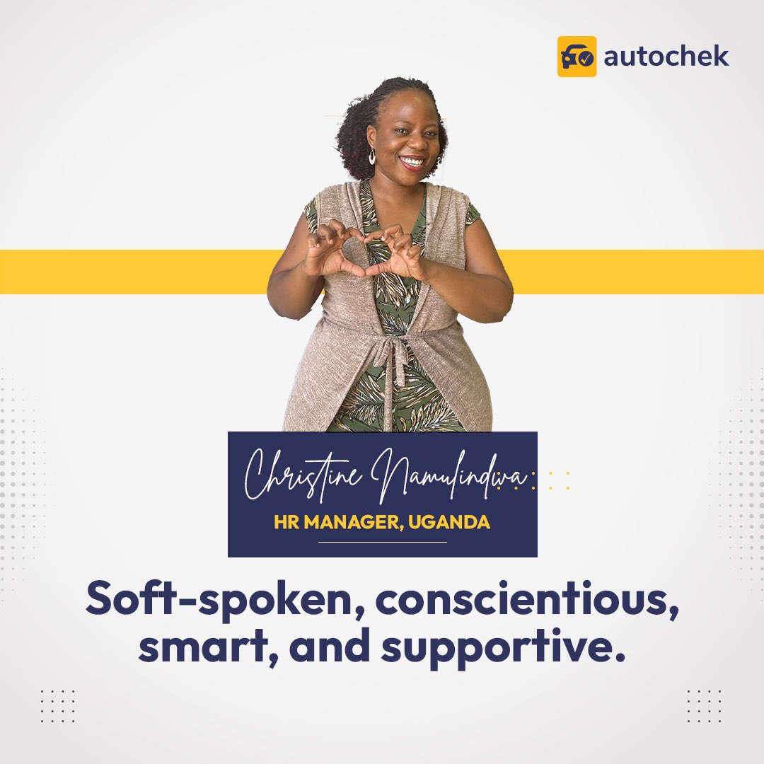 AutochekUg's tweet photo. Christine Namulindwa's passion and determination inspire us to achieve greater heights. She ensures that everything is done meticulously, dotting the 'i's and crossing the 't's.
#AutochekCarFinancing
#DriveNowPayLater https://t.co/B5EGc6KAsO