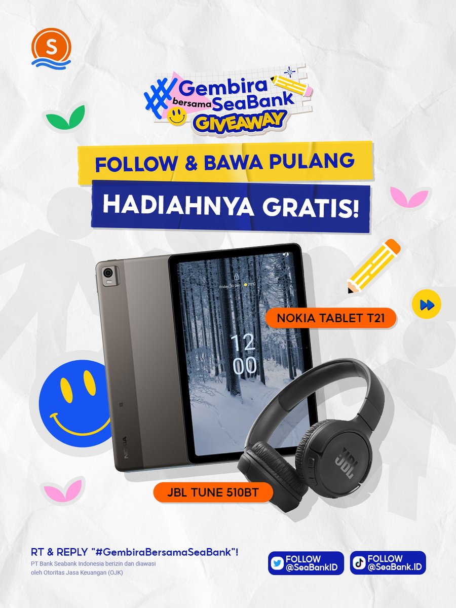 SeaBankID's tweet image. 💥HADIAH BARU: NOKIA TABLET T21 + JBL TUNE 510BT💥

Yuk ikuti langkah berikut:
1. FOLLOW Twitter @SEABANKID &amp;amp; IG @SEABANK.ID
2. LIKE &amp;amp; RT Tweet ini
3. REPLY "#GembiraBersamaSeaBank" minimal 10x &amp;amp; username IG mu
4. TAG TEMAN KAMU

Selengkapnya cek di slide 2 🥳