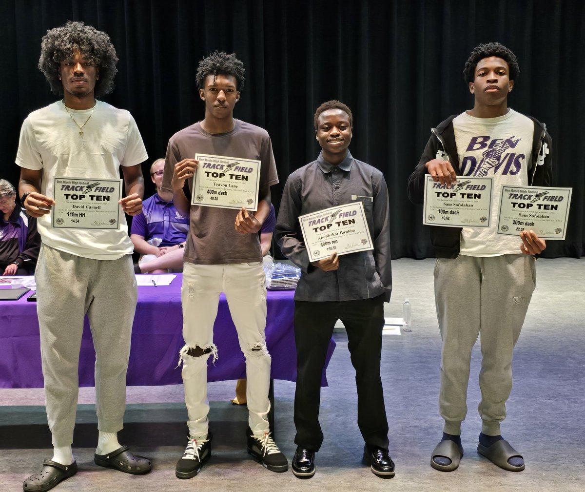 BDtrack's tweet photo. To make the Ben Davis Top Ten in your event is an outstanding achievement. Congrats to David Carnell- 4th best HH ever at BD, Travon Lane-2nd best in the 400m, Aboubakar Ibrahim-9th best 800m race ever, and Sam Sofolahan-10th best 200m and 2nd best 100m runner ever at BD! https://t.co/4KHK8EJDlW