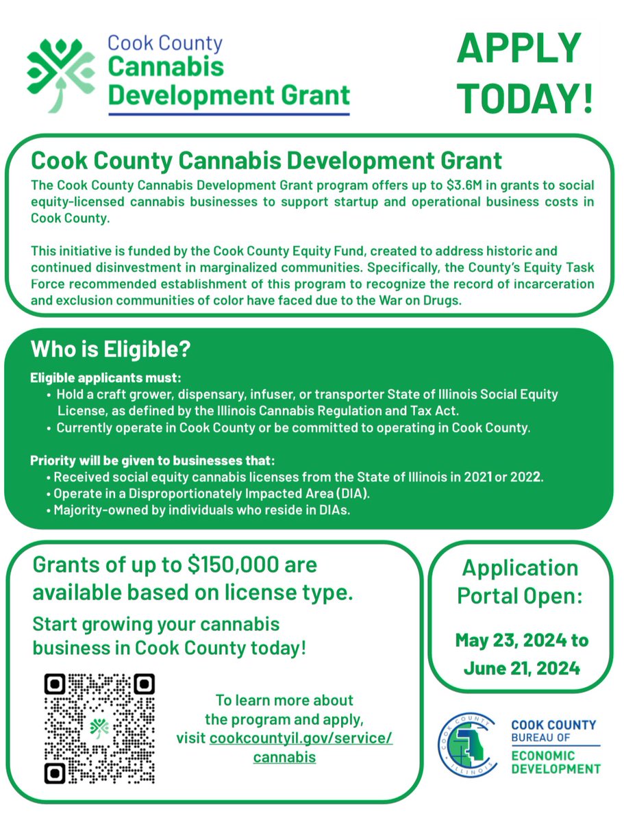Please Apply if you have a cannabis license in Cook County. This Grant program was designed for all Cook County Cannabis Businesses to Apply! Link is here deadline June 21st