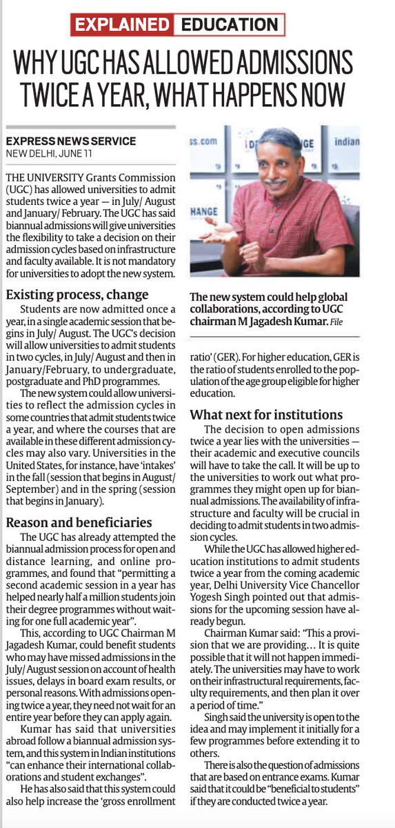 Why UGC has allowed admissions twice a year? What happens now? A good explainer.

Courtesy: <a href="/IndianExpress/">The Indian Express</a>