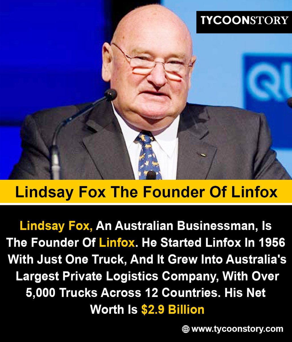 TycoonStoryCo's tweet photo. Lindsay Fox The Founder Of Linfox
#LindsayFox #linfox #transportindustry #logistics
#freighttransport #australianbusiness #entrepreneurship #businessleadership #successstory #australianentrepreneur @linfoxlogistics 
https://t.co/jWxtt2hmAw https://t.co/UTyYqmff7A