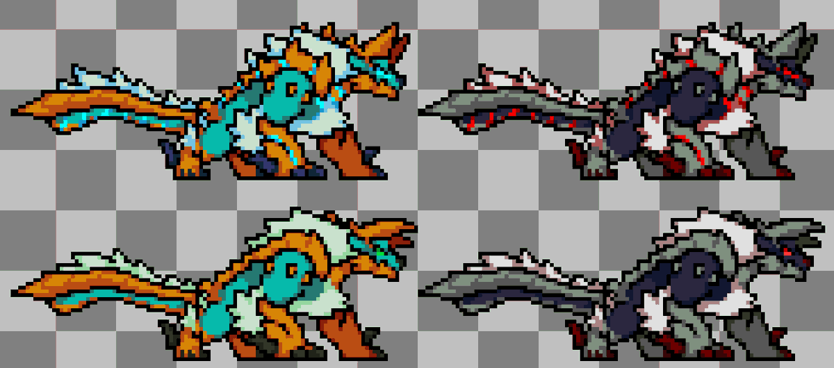 Another rivals of aether monster hunter sprite.
This time its Zinogre an it's Stygian subspecies.
#rivalsofaether #monsterhunter #pixelart