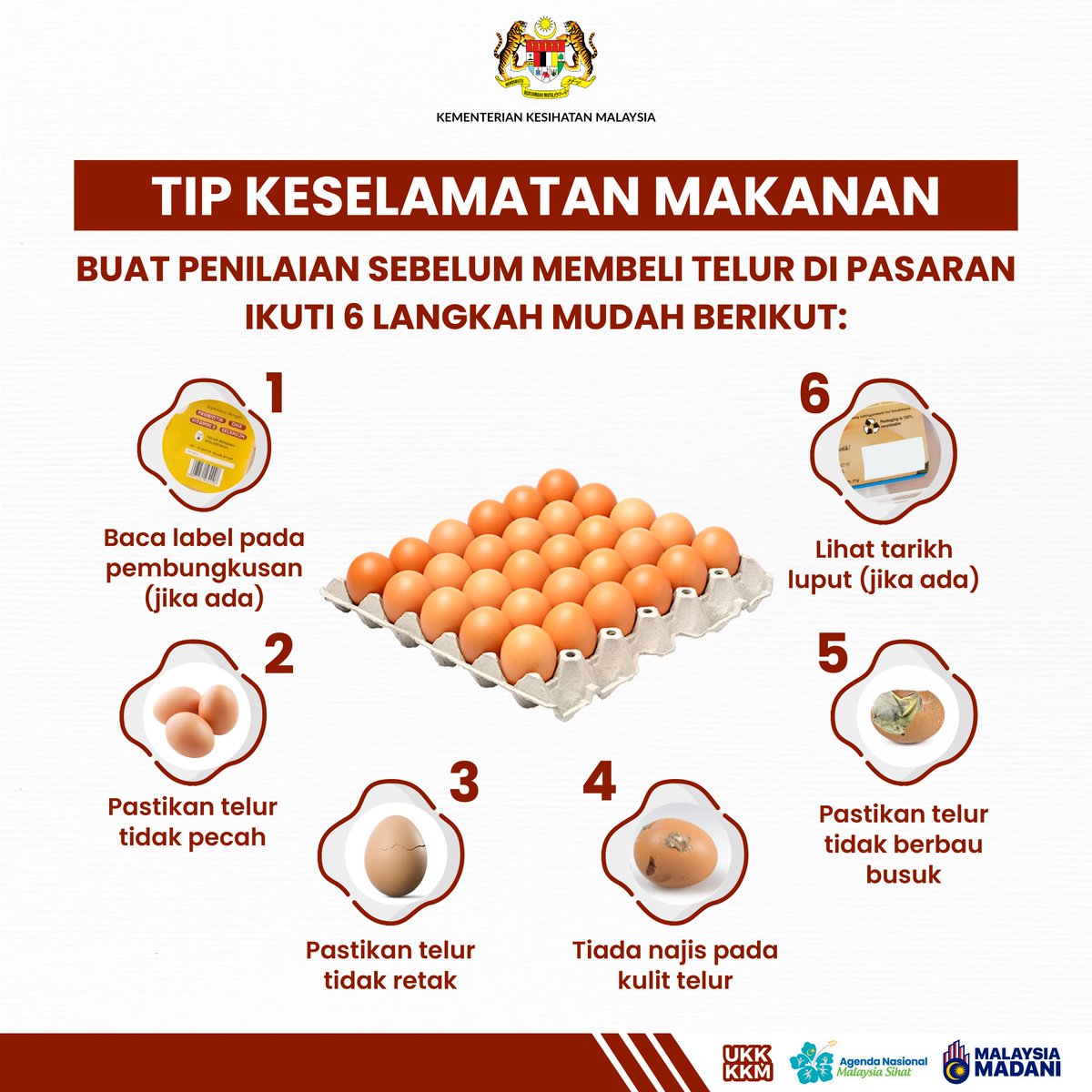 KKMPutrajaya's tweet photo. 𝗣𝗘𝗥𝗛𝗔𝗧𝗜𝗔𝗡‼️

⚠️ Jangan ambil mudah dengan penggunaan telur dalam masakan.

🥚 Telur mudah tercemar dengan pelbagai kuman khususnya Salmonella. Ia menyebabkan gejala demam, kejang perut dan cirit-birit.

⚠️ Oleh itu, perhatikan dan buat penilaian sebaiknya sebelum membuat pembelian.

📢 Anda juga dinasihatkan untuk:
1. Membeli ikut keperluan 
2. Simpan telur di tempat yang sesuai
3. Basuh telur sebelum guna

𝙆𝙚𝙨𝙚𝙡𝙖𝙢𝙖𝙩𝙖𝙣 𝙈𝙖𝙠𝙖𝙣𝙖𝙣 𝙏𝙖𝙣𝙜𝙜𝙪𝙣𝙜𝙟𝙖𝙬𝙖𝙗 𝘽𝙚𝙧𝙨𝙖𝙢𝙖 

#KKMPrihatin 
#KKMSihat 
#MalaysiaMadani