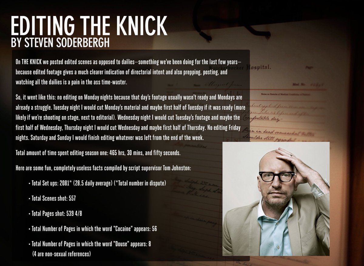 vashikoo's tweet photo. Steven Soderbergh shares the filmmaking stats compiled during the making of THE KNICK https://t.co/X9J61j1yeP