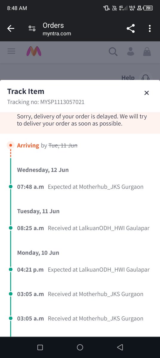 34288Kiran's tweet photo. @MyntraSupport @myntra   Order ID # 1269794 04682780749203 supposed to be express delivered on 11th but not .it reached gurgaon on 10 tha nd lalkuan on 11th morning but now on 12th it is agn expected 2 reach gurgaon how? Wt is ds way to fool us by false trkng https://t.co/iP8VoMUcQL