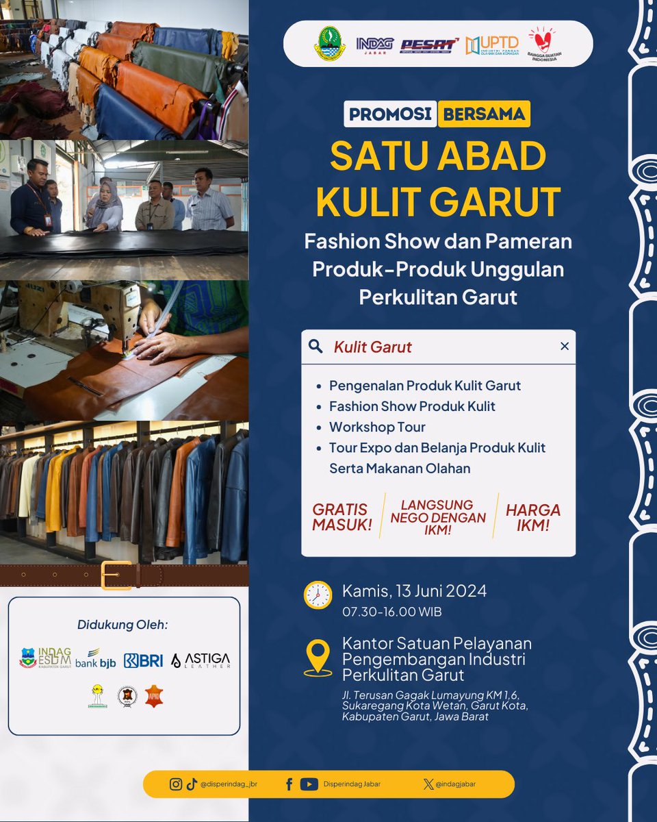 indagjabar's tweet image. Jagonya Kulit ada di Garut!

Dulur lagi cari produk kulit berkualitas? 
Langsung aja ketemu sama yang bikin, langsung nego dan bawa pulang ke rumah 🥳

Catat waktu dan tanggalnya ya! 

#Pameran #kulit #garut #jabarjuara #IndagPESAT #disperindagjabar