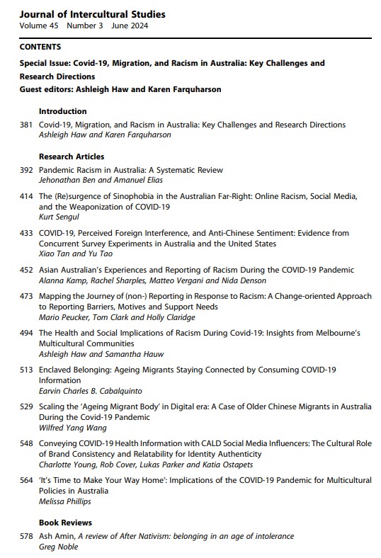JICS (@journal_ics) on Twitter photo 🔦latest issue curated by <a href="/karentfarq/">Karen Farquharson</a> <a href="/AshyHaw/">Dr Ashleigh Haw (she/her) ♿🏳️🌈</a> offers interdisciplinary look into unique pandemic challenges & #racism faced by #migrant
communities in Australia
tandfonline.com/toc/cjis20/cur… 🔦latest issue curated by <a href="/karentfarq/">Karen Farquharson</a> <a href="/AshyHaw/">Dr Ashleigh Haw (she/her) ♿🏳️🌈</a> offers interdisciplinary look into unique pandemic challenges & #racism faced by #migrant
communities in Australia
tandfonline.com/toc/cjis20/cur…