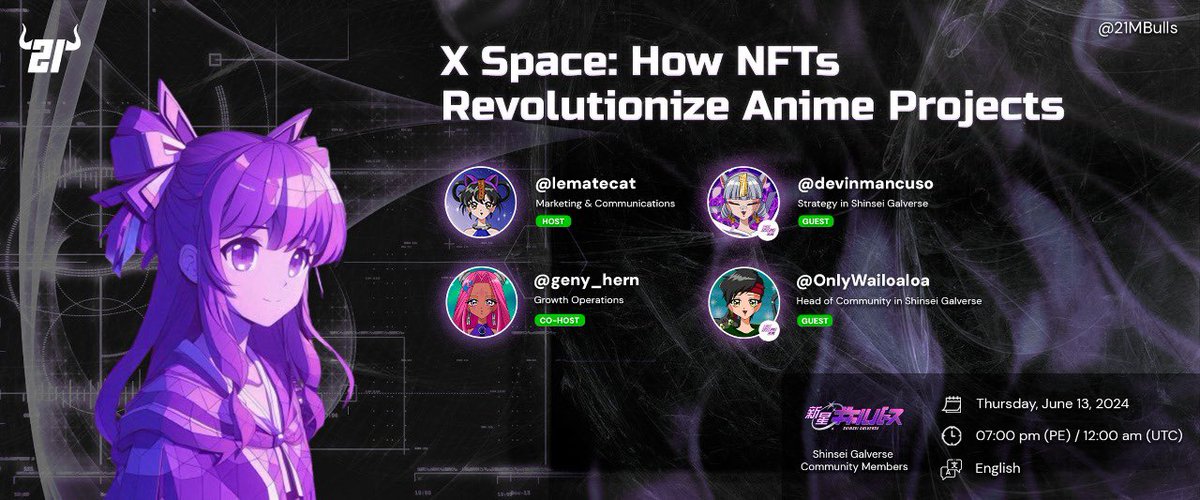 X Space: How NFTs Revolutionize Anime Projects 🎨🌐

Discover how NFTs and AI are changing the way we consume audiovisual products today. 📺✨

Guests: <a href="/devinmancuso/">ᵈᵉᵛ</a> <a href="/OnlyWailoaloa/">Wailoaloa.eth 👹</a> (@galverseNFT core team)

Host: <a href="/lematecat/">Mate 🌠</a>
Co-host: <a href="/geny_hern/">Genesis 🪩 ✨</a>

Set your reminder! 📅🔔