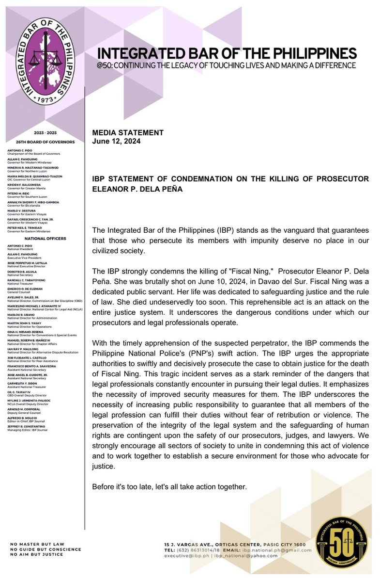 IntegratedBarPH's tweet photo. June 12, 2024:

IBP Statement of Condemnation on the Killing of Prosecutor Eleanor P. Dela Peña https://t.co/b3MZMIqrZs