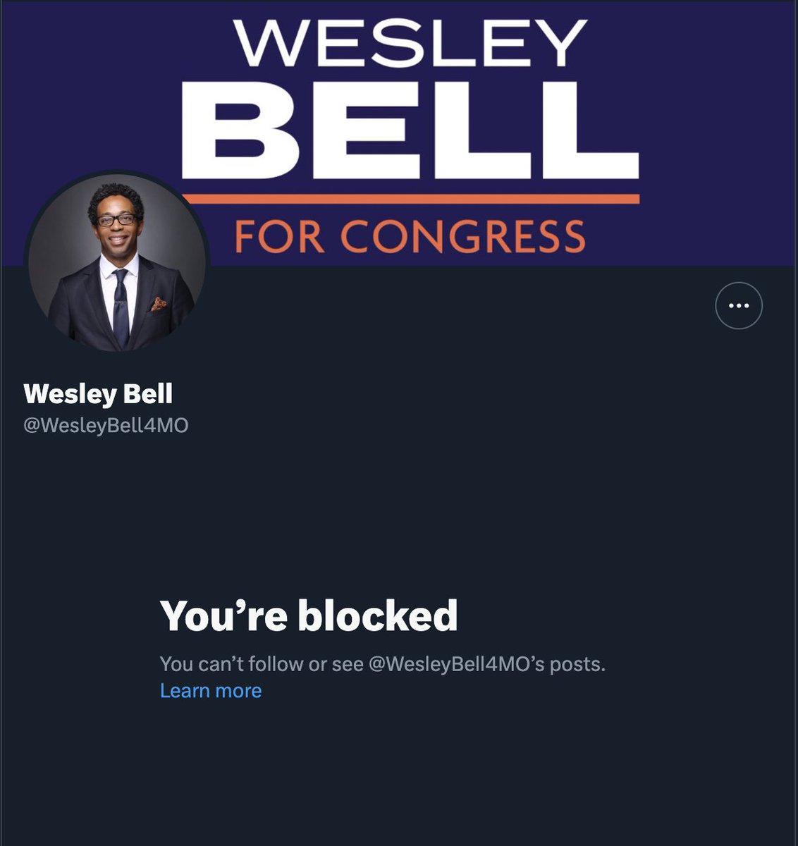 Wesley Bell has now blocked us on both of his accounts.

<a href="/WesleyBell4MO/">Wesley Bell</a>
<a href="/bell4mo/">Wesley Bell for Congress</a> 

He has already received >$838,000 from AIPAC and the Israel lobby. #MO01