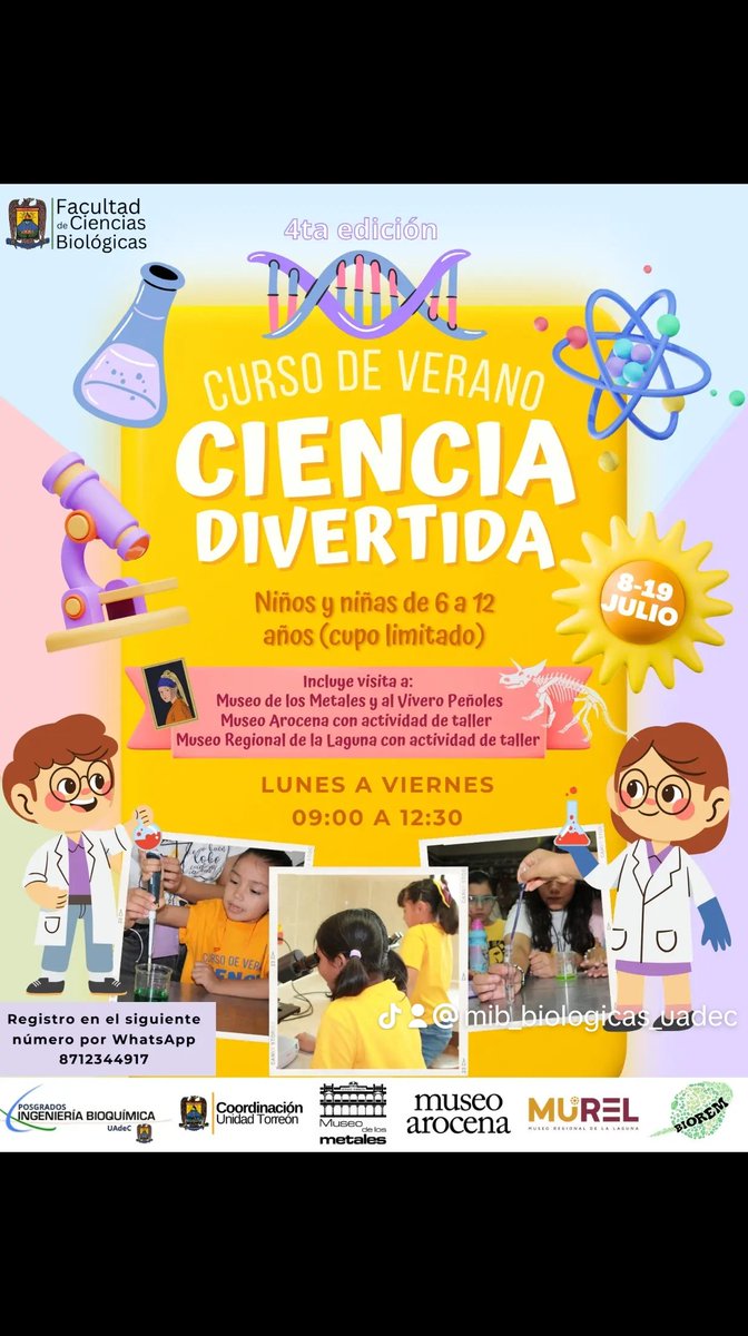 Invitamos cordialmente a las familias que viven alrededor de Ciudad Universitaria de la <a href="/UAdeC/">@UAdeC</a> para que inscriban a sus hijas y hijos en el #Curso_Verano_Ciencia_Divertida para las y los niños de 6 a 12 años. El curso es gratuito y con cupo limitado 1/2.
