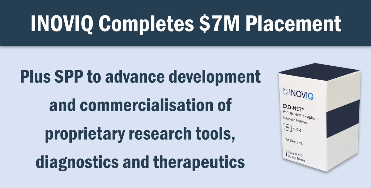 <a href="/INOVIQLtd/">INOVIQ Ltd (ASX:IIQ)</a> is pleased to announce that it has successfully completed an A$7 million placement to   institutional and sophisticated investors.

To   see announcement &amp; investor presentation go to: bit.ly/3xlnsBq

#INOVIQ #EXONET #Biotech #SmallCaps #CapitalRaise