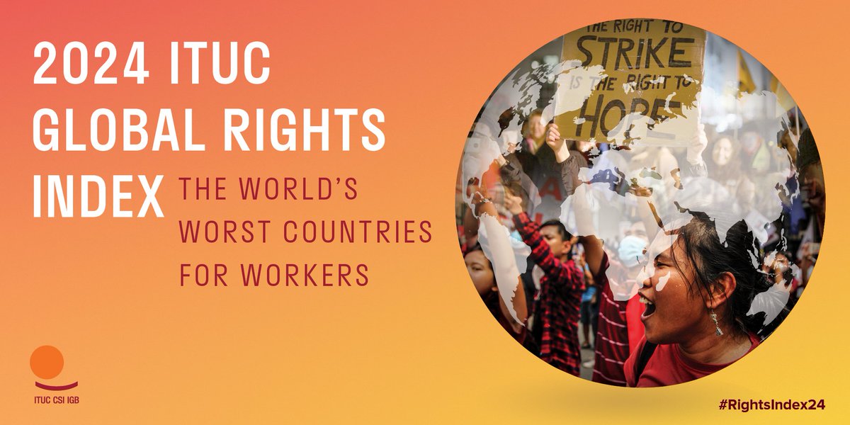 🚨BREAKING NEWS🚨

🌍The #RightsIndex24 is out, revealing a devastating decline in labour rights globally📉

⛔️Violations in 87% of countries include the #RightToStrike, #CollectiveBargaining, &amp; the right to form a union.
👉pulse.ly/4219r7zaym