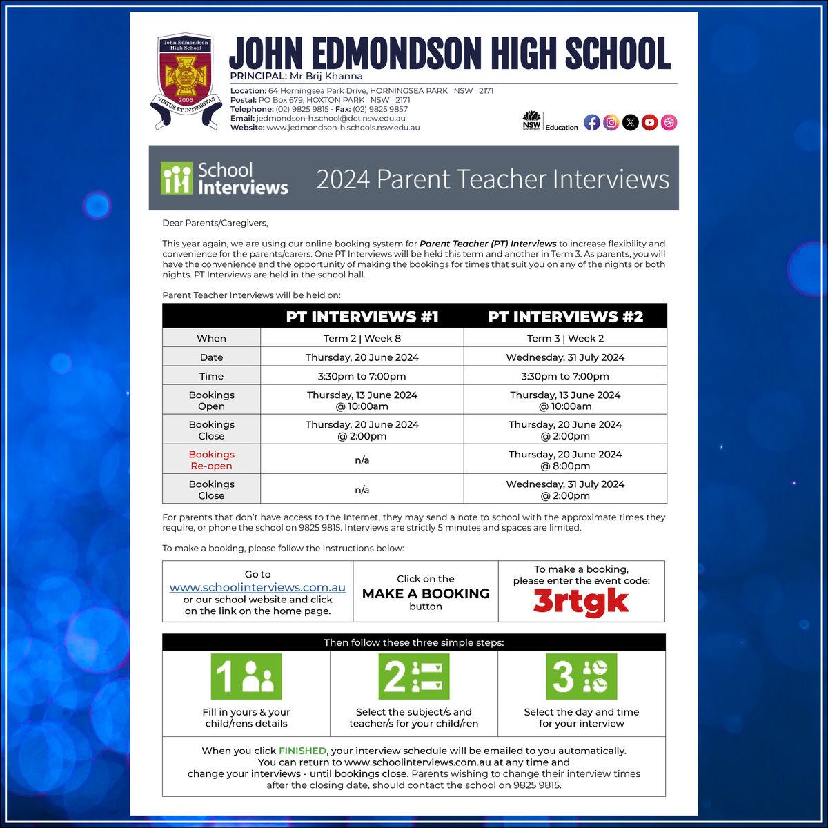John Edmondson High School (@johnedmondsonhs) on Twitter photo ๐ฎ๐ฌ๐ฎ๐ฐ ๐ฃ๐๐ฅ๐๐ก๐ง ๐ง๐๐๐๐๐๐ฅ ๐๐ก๐ง๐๐ฅ๐ฉ๐๐๐ช๐ฆ | ๐๐ต๐ฒ๐ฐ๐ธ ๐๐ผ๐๐ฟ ๐ฒ๐บ๐ฎ๐ถ๐น ๐ณ๐ผ๐ฟ ๐ฑ๐ฒ๐๐ฎ๐ถ๐น๐
The 2024 Parent Teacher Interviews have been scheduled for Thur 20 June & Wed 31 Jul-3:30pm to 7:00pm. The booking system will open at 10:00am tomorrow. ๐ฎ๐ฌ๐ฎ๐ฐ ๐ฃ๐๐ฅ๐๐ก๐ง ๐ง๐๐๐๐๐๐ฅ ๐๐ก๐ง๐๐ฅ๐ฉ๐๐๐ช๐ฆ | ๐๐ต๐ฒ๐ฐ๐ธ ๐๐ผ๐๐ฟ ๐ฒ๐บ๐ฎ๐ถ๐น ๐ณ๐ผ๐ฟ ๐ฑ๐ฒ๐๐ฎ๐ถ๐น๐
The 2024 Parent Teacher Interviews have been scheduled for Thur 20 June & Wed 31 Jul-3:30pm to 7:00pm. The booking system will open at 10:00am tomorrow.