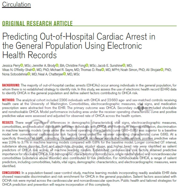 Neal Chatterjee (@nchatterjeemd) on Twitter photo Delighted to share our work predicting cardiac arrest in the general population using machine learning and electronic health records. Grateful to <a href="/CircAHA/">Circulation</a> for the platform. A years-long interdisciplinary team effort - more to come!
ahajournals.org/doi/10.1161/CI… Delighted to share our work predicting cardiac arrest in the general population using machine learning and electronic health records. Grateful to <a href="/CircAHA/">Circulation</a> for the platform. A years-long interdisciplinary team effort - more to come!
ahajournals.org/doi/10.1161/CI…