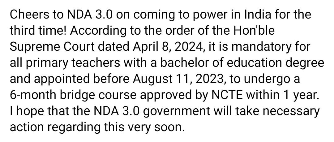 Please Start Six Months BRIDGE COURSE for IN-SERVICE PRIMARY TEACHERS.

#StartSixMonthsBridgeCourse
<a href="/PMOIndia/">PMO India</a>
<a href="/EduMinOfIndia/">Ministry of Education</a> 
@NcteDelhi
<a href="/narendramodi/">Narendra Modi</a>
<a href="/dpradhanbjp/">Dharmendra Pradhan</a>
<a href="/DRSukantaBJP/">Dr. Sukanta Majumdar</a>
<a href="/jayantrld/">Jayant Singh</a>