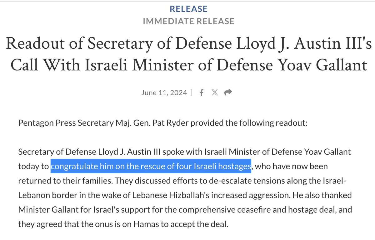 US SecDef Lloyd Austin called his Israeli counterpart, Yoav Gallant, to congratulate him on a rampage that massacred 270+ civilians and wounded over 700 to retrieve a mere 4 captives

Has the US military lowered its standards so much it considers this bloodbath a success?