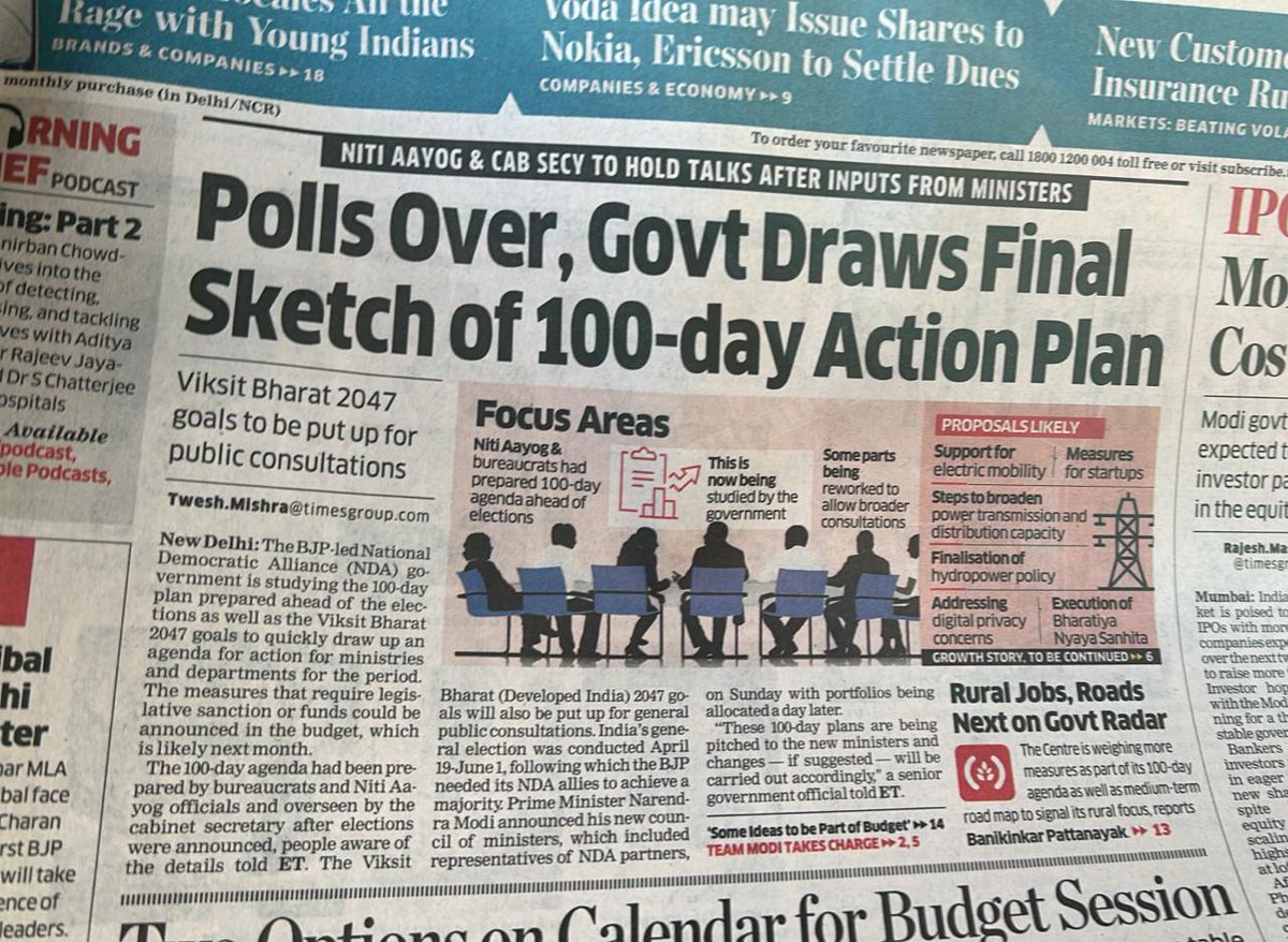 TweshMishraET's tweet photo. Modi-led NDA 3.0 charts on finalising 100-day action plan! Story from today's @EconomicTimes

Link: https://t.co/lRafIln2NR https://t.co/JpDWXe8iMQ