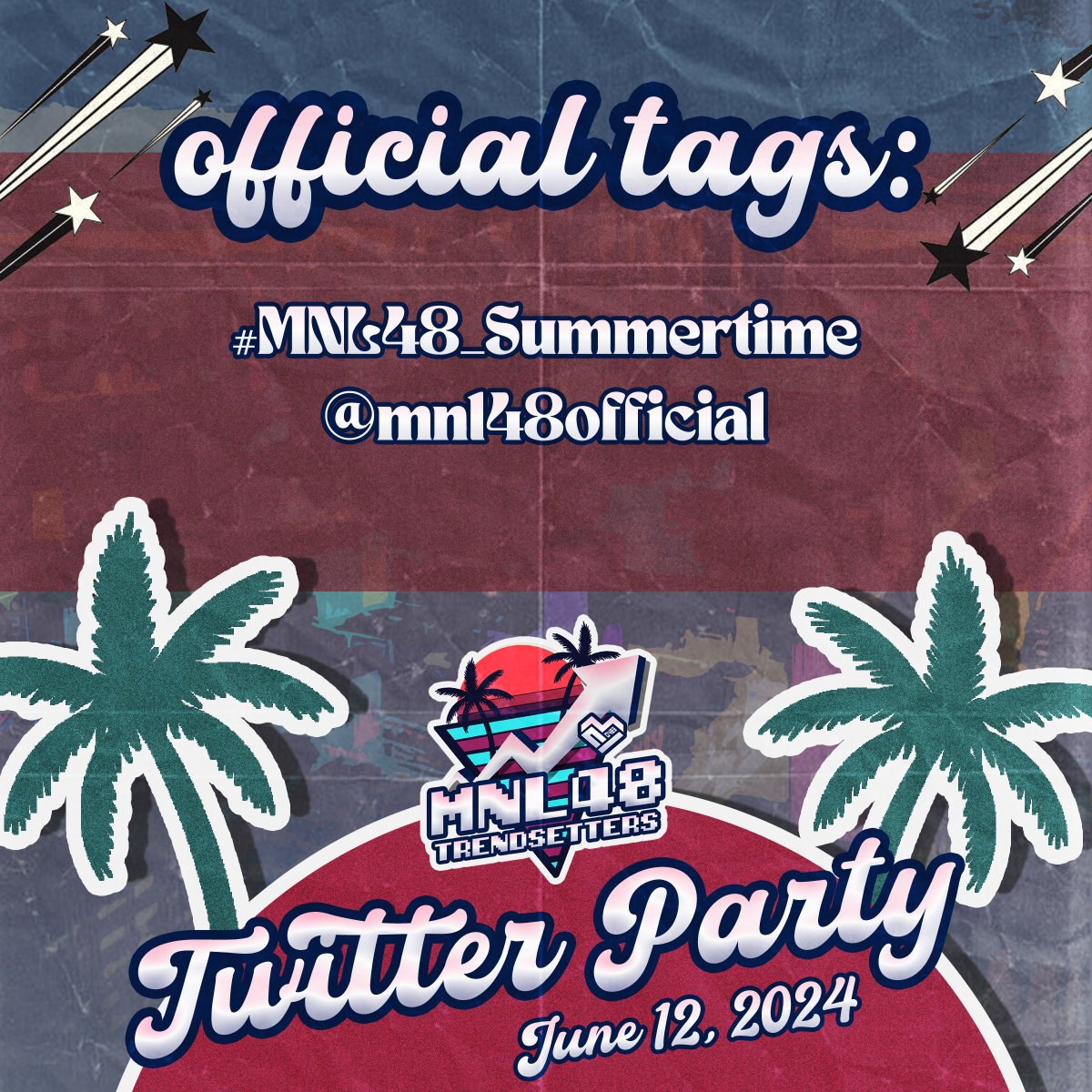 mnl48trends's tweet image. Twitter Party stars now MNLoves! Make sure to include the official tags on your tweets! Let's make it a trend again everyone.

Also include this link to your tweets MNLoves:
open.spotify.com/track/3cg9gyXe…

Official Tags:
#MNL48_Summertime
@mnl48official