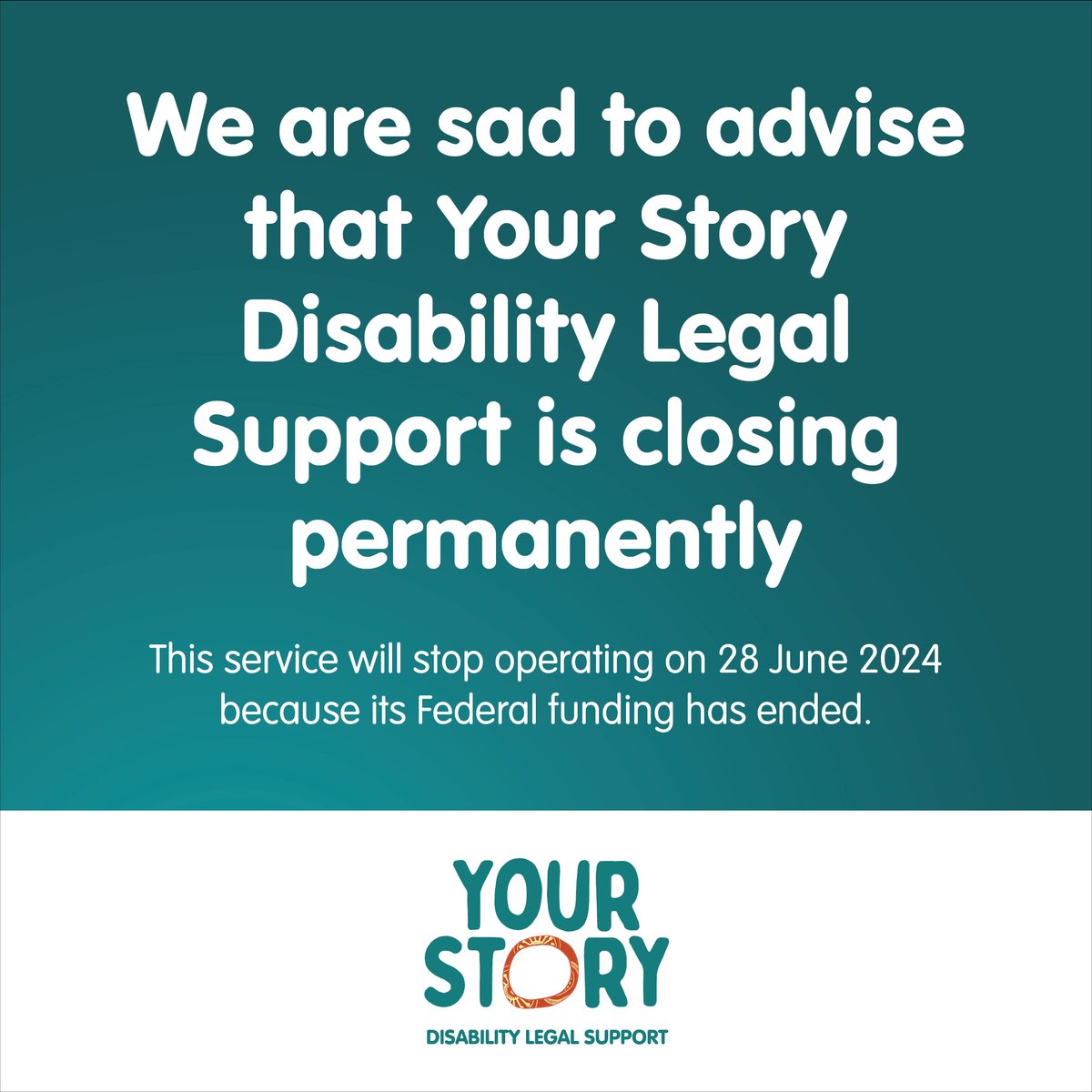 YourStoryAU's tweet photo. Sadly, our service will close permanently later this month.

We cease operations on Friday June 28 because Federal funding for Your Story has ended.

If you need legal support, contact your local legal aid commission. Their contact details are at https://t.co/CpzTJKI8ir https://t.co/XZNd8yT0k5