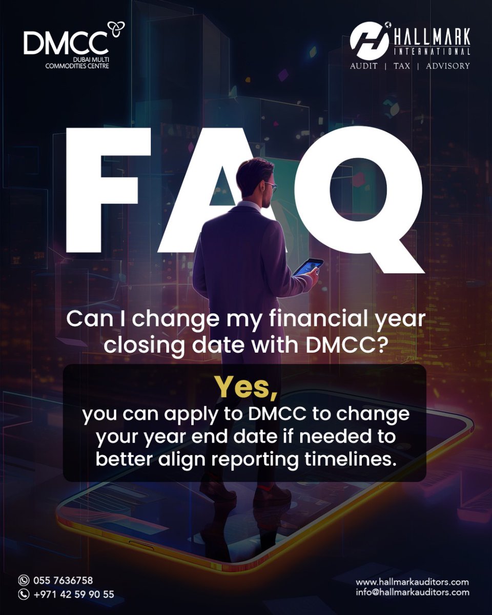 Hallmarkaudits's tweet photo. FAQ
Can I change my financial year closing date with DMCC?
Yes, you can apply to DMCC to change your year end date if needed to better align reporting timelines.

#taxes2024 #corporatetaxuae #DMCC #financialservices #financialplanning #dmccdubai #corporatetaxes #Auditor https://t.co/00KlaS5PMy