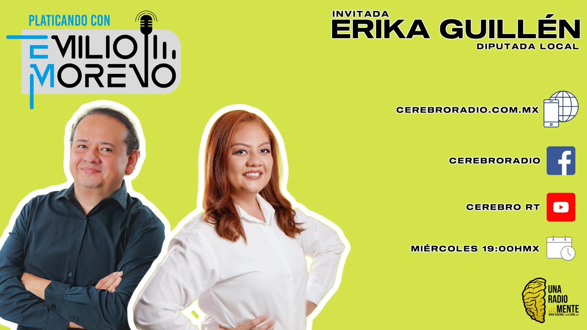 CerebroRT's tweet photo. Este miércoles a las 19:00hMX Erika Guillén, diputada local electa  viene a platicarnos cuales serán sus acciones y linea de trabajo. Te esperamos en https://t.co/88avnpBUgA #PlaticandoCon @EmilioML https://t.co/JUYR4vGTPr