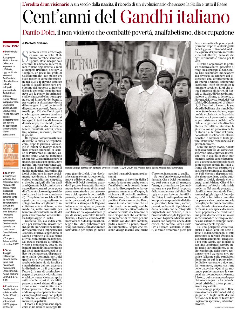 Cento anni fa nasceva Danilo Dolci il  “Gandhi italiano”: il non violento che combatté povertà, analfabetismo e disoccupazione
Il ricordo di Paolo Di Stefano sul <a href="/Corriere/">Corriere della Sera</a>