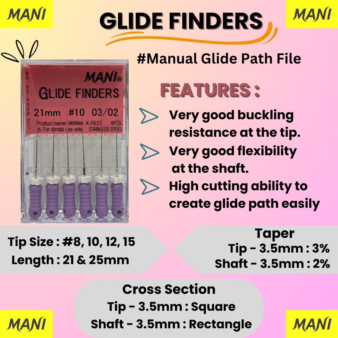 ManiMedicalInd's tweet photo. Mani Glide Finders
Manual Glide Path File.
Designed for patency and creating glide path.
Packing : Pack of 6 Files
Connect Now For More Details.
#MANI #GlideFinder #Handfiles #Endodontics #Dental #Dentist #Dentistry https://t.co/DOjPcG7cXO