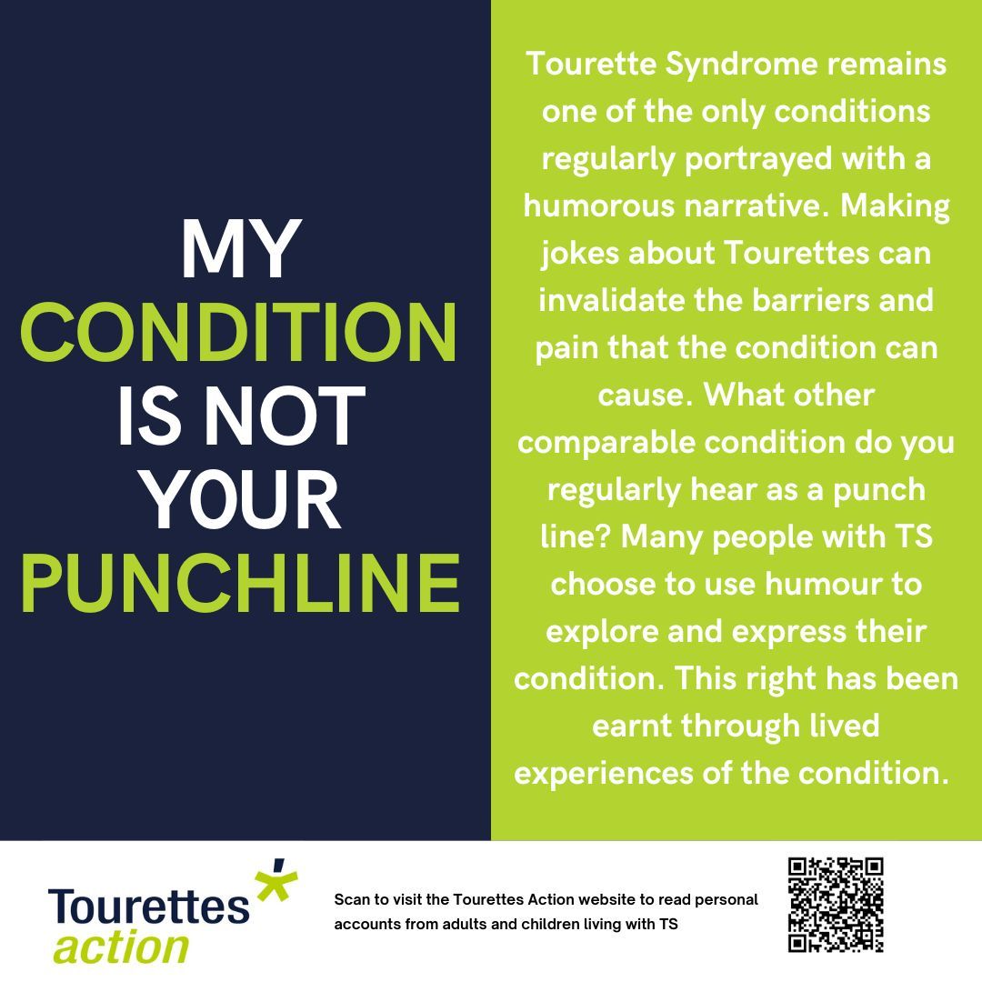 Tourette Syndrome remains one of the only conditions regularly portrayed with a humorous narrative. Making jokes about Tourettes can invalidate the barriers &amp; pain that the condition can cause. What other comparable condition do you regularly hear as a punchline? #TourettesHurts
