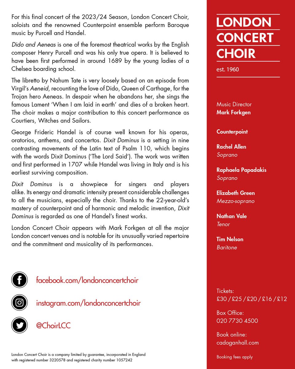 ChoirLCC's tweet photo. Thursday 20th June 7:30pm in Cadogan Hall soprano Rachel Allen joins us and Counterpoint as #Dido in #Purcell #DidoandAeneas and #Handel #DixitDominus. A "spellbinding” performer of baroque repertoire.
https://t.co/xcr843gQbh #rachelallen @soprachelallen @cadoganhall https://t.co/TSRQapWiHR