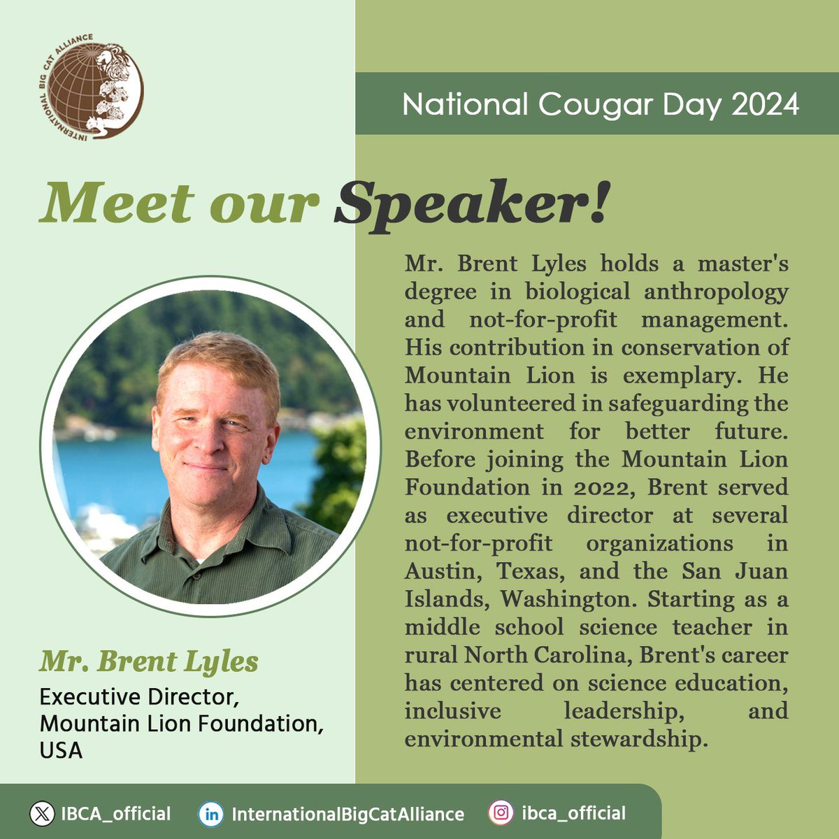 📢 Meet Mr. Brent Lyles, Executive Director, <a href="/MtnLionFdn/">Mountain Lion Fdn</a>. 

Join us for #NationalCougarDay webinar as he discusses promoting peaceful coexistence with mountain lions in the United States.

🗓️12th June, 2024
🕖7 pm- 8pm (IST) &amp; 9:30 am- 10:30 am (EDT) 
🔗zoom.us/j/97891118606