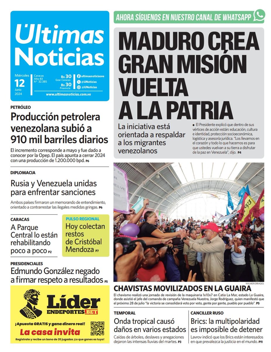 👋 ¡Buenos días! Presentamos nuestra #PortadaDelDía🗞️  #ÚltimasNoticias #12Junio

📲 Visita nuestro portal web ultimasnoticias.com.ve