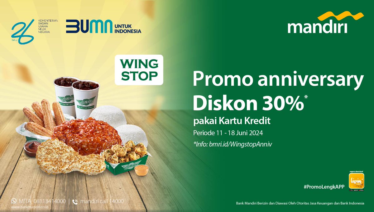 mandiricard's tweet photo. Makan sepuasnya di Wingstop dengan lebih hemat!
Dapatkan diskon anniversary sebesar 30% untuk pembayaran dengan Mandiri Kartu Kredit Gold ke atas di semua outlet Wingstop!
Cek info lengkap di https://t.co/S9HG2iM2ME
#Wingstop
#MandiriKartuKredit
#PromoLengkAPP
#BankMandiri https://t.co/iCZGWenI0s