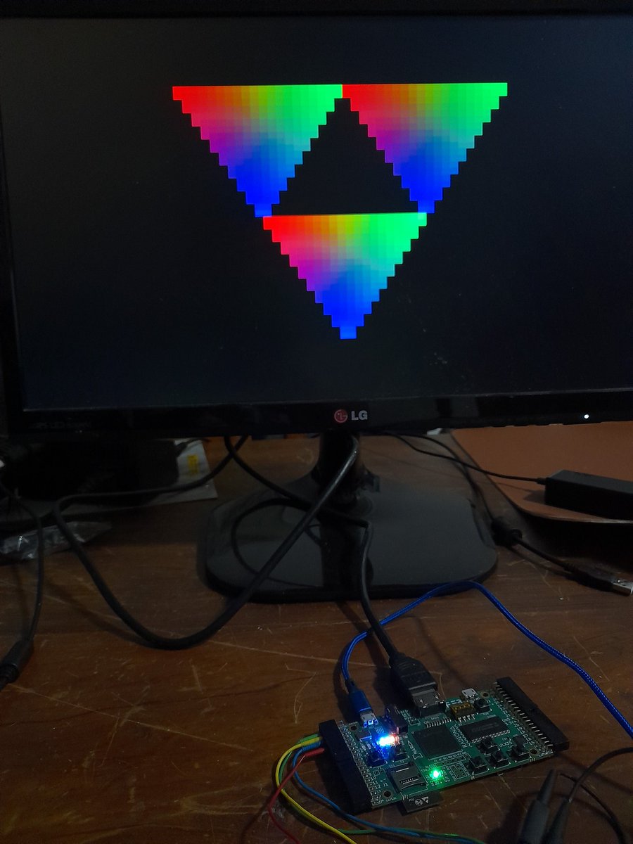 DutraCGI's tweet image. Making a #FPGA #GPU with @pipelinec_hdl... Small lutram framebuffer works! Now with screen space vertex streaming...