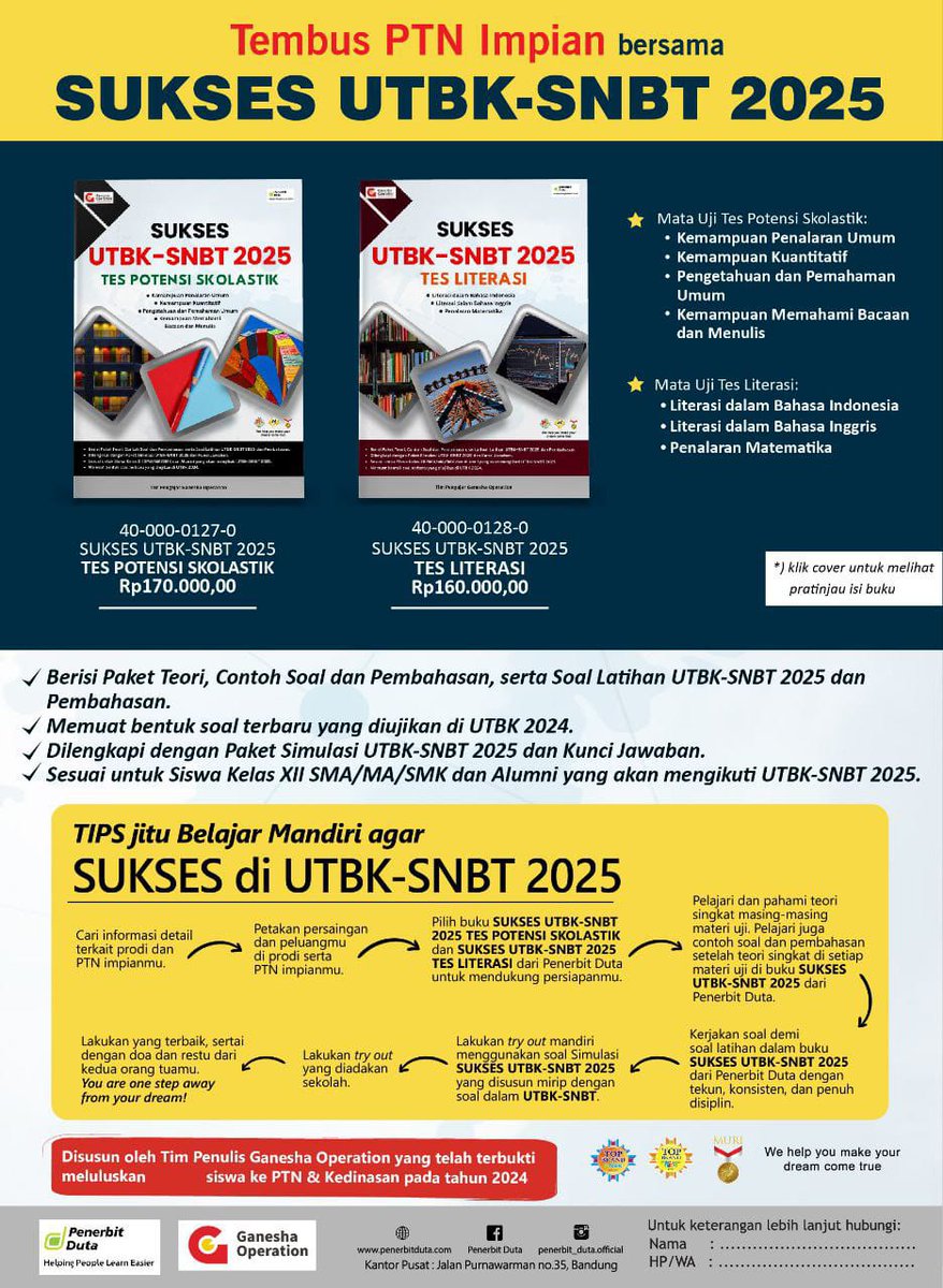MahawiraMedia's tweet photo. Buku UTBK Terbaru 2025 (Team Ganesha Operation), Bisa Langsung Di Order, Belajar Hari ini Sukses Masa Depan.
Telp WA : 085 15 889 7848

@infomalang https://t.co/6Opyh62x5g