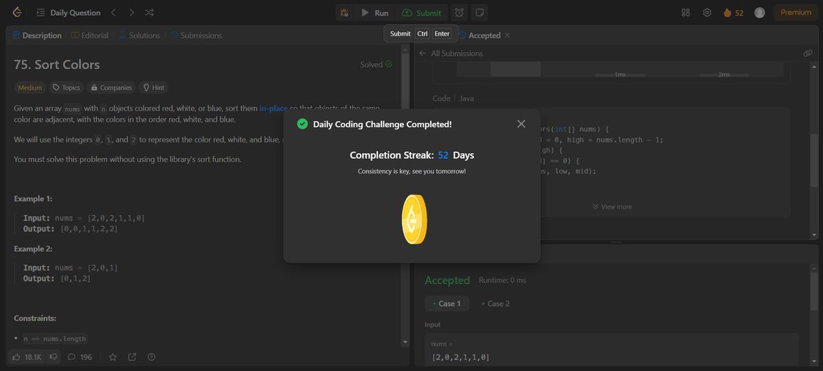 AdarshKumar206's tweet photo. Round 2 of #100DaysOfCode
Day 52 of #100DaysOfCode on #leetcode #DSA #LearnInPublic #buildinpublic #remotejob #remotework #remote #connect #coding #java #programming #100daysofcodechallenge #webev #logicbuilding
Problem Number - 75
Problem Statement - Sort Colors https://t.co/05Ay8Bl5Eu