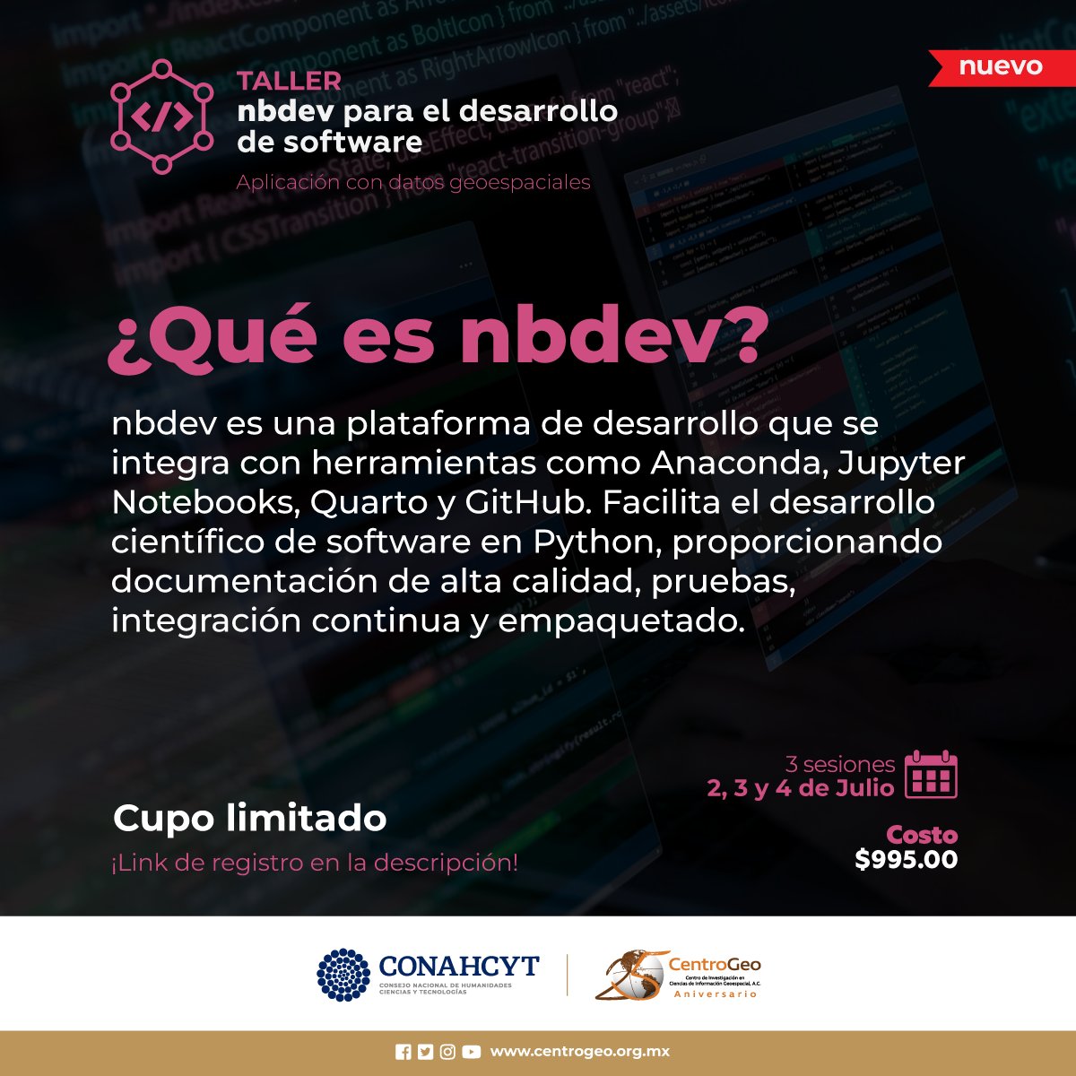UECC_CentroGeo's tweet photo. ¿Programas en Python y deseas adquirir nuevas herramientas? 🚀 ¡Este taller es para ti! 📚 Descubre cómo implementar una estructura básica para el desarrollo científico de software con nbdev.  👉 Regístrate: https://t.co/eUjImlih4F   
#DatosGeoespaciales #Nbdev #Python https://t.co/tswbEOx3C5