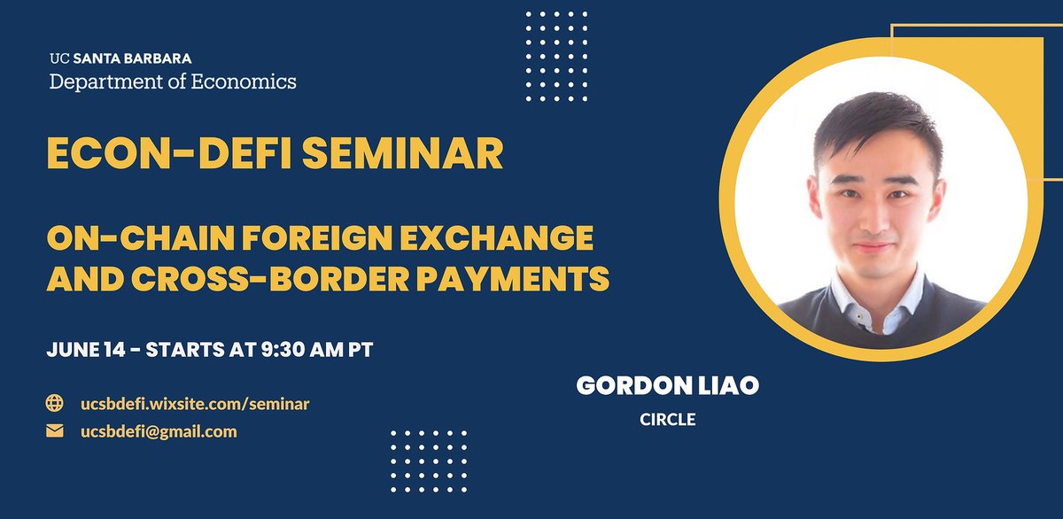 UCSBDeFi's tweet image. Come to check our seminar this week with Gordon Liao @gordonliao about On-chain Foreign Exchange and Cross-border payments!
Join through: ucsb.zoom.us/j/83534029174
#Gradforgrad #ucsbdefi