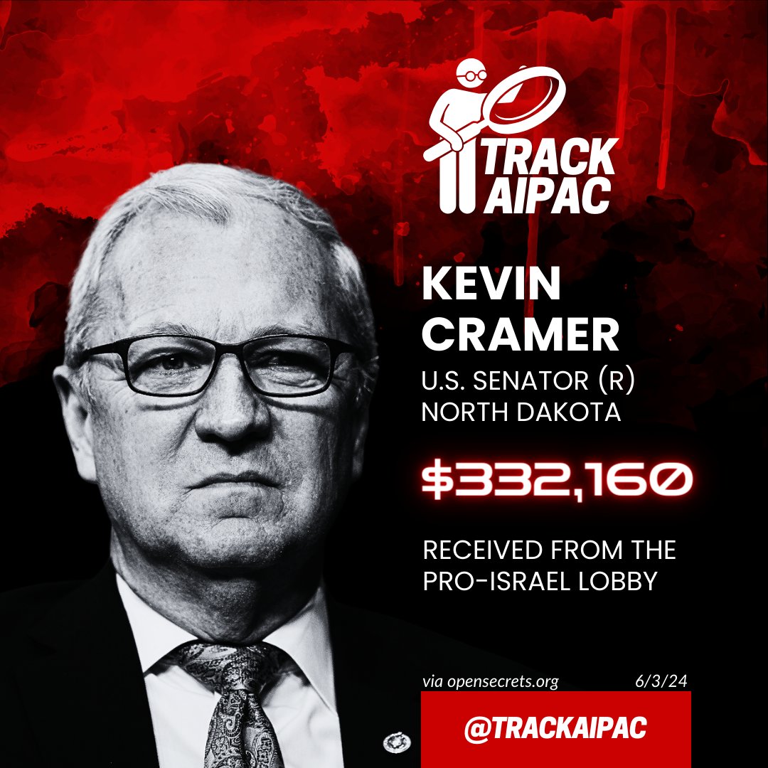 TrackAIPAC's tweet photo. @AIPAC @SenKevinCramer 💰 @SenKevinCramer has received >$332,000 from AIPAC and the Israel lobby. #NDSEN
https://t.co/a0pg2D8yjR https://t.co/oW6hbWaeFY