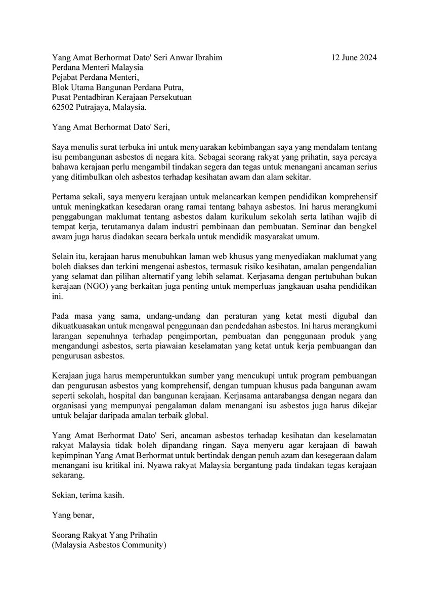 MyAsbestosComm's tweet photo. Surat Terbuka kepada Yang Amat Berhormat Dato’ Seri @anwaribrahim Perdana Menteri Malaysia. https://t.co/nrlqGJzSES