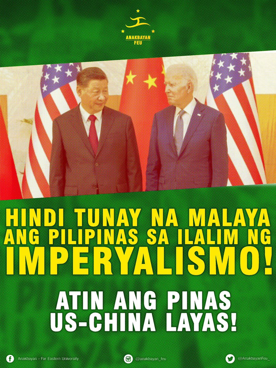 AnakbayanFEU_'s tweet photo. "Ngayong Araw ng Kalayaan, marapat lamang paingayin natin ang paghingi ng tunay na lipunang malaya. Hindi isang lipunan na minamanipula ng estado. Hindi isang lipunan na nagpapailalim sa kapangyarihan ng banyaga.."

READ: https://t.co/vyWfHT0JbO

#AtinAngPinas https://t.co/YonyAn7ECp