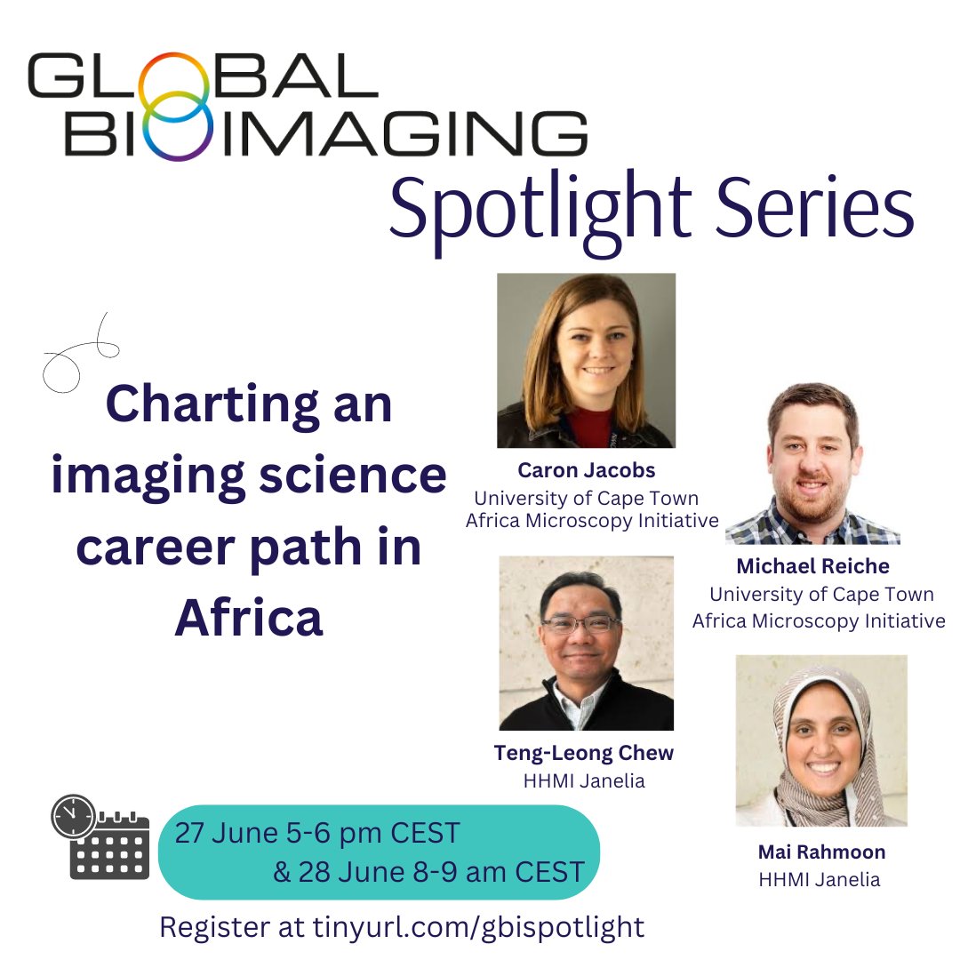 Global BioImaging (@globalbioimage) on Twitter photo The next Spotlight Seminar is coming soon! We hear about Career path perspectives for imaging scientists in Africa from <a href="/afribioimaging/">African BioImaging Consortium</a> <a href="/AMI_microscopy/">Africa Microscopy Initiative</a>. Join us on June 27 at 5 pm CEST or June 28 at 8 am CEST.
Register at tinyurl.com/gbispotlight The next Spotlight Seminar is coming soon! We hear about Career path perspectives for imaging scientists in Africa from <a href="/afribioimaging/">African BioImaging Consortium</a> <a href="/AMI_microscopy/">Africa Microscopy Initiative</a>. Join us on June 27 at 5 pm CEST or June 28 at 8 am CEST.
Register at tinyurl.com/gbispotlight