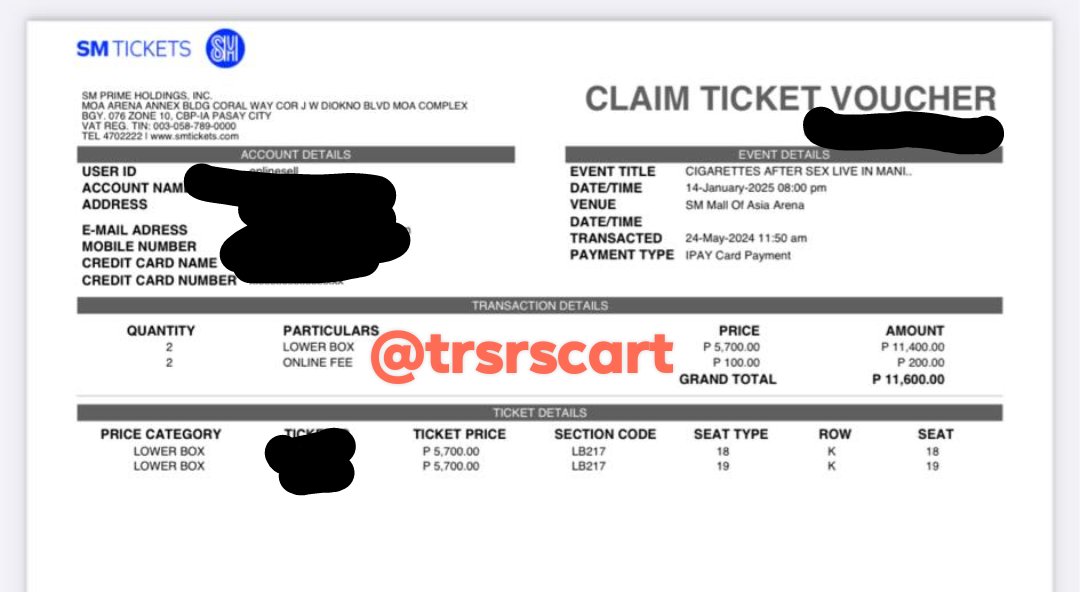 trsrscart's tweet photo. wts lfb ph

cas in manila lb / lower box

section: 217
row: K18 and K19

₱11,600 for both tickets, including all fees 

🏷️ cigarettes after sex ph manila mnl fs selling https://t.co/cER92MOOJn