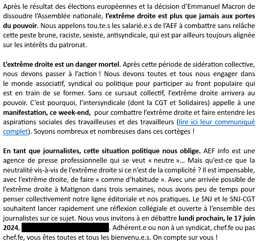 Qu’est-ce que la neutralité vis-à-vis de l’extrême droite si ce n’est de la complicité ? 
Les sections <a href="/SNJ_national/">SNJ - premier syndicat de journalistes</a>  et <a href="/SnjCgt/">SNJ-CGT (rejoignez-nous !)</a> de l'agence AEF info ont lancé un appel en interne pour un positionnement clair de l'ensemble de la rédaction✊
Voici notre communiqué ⬇️